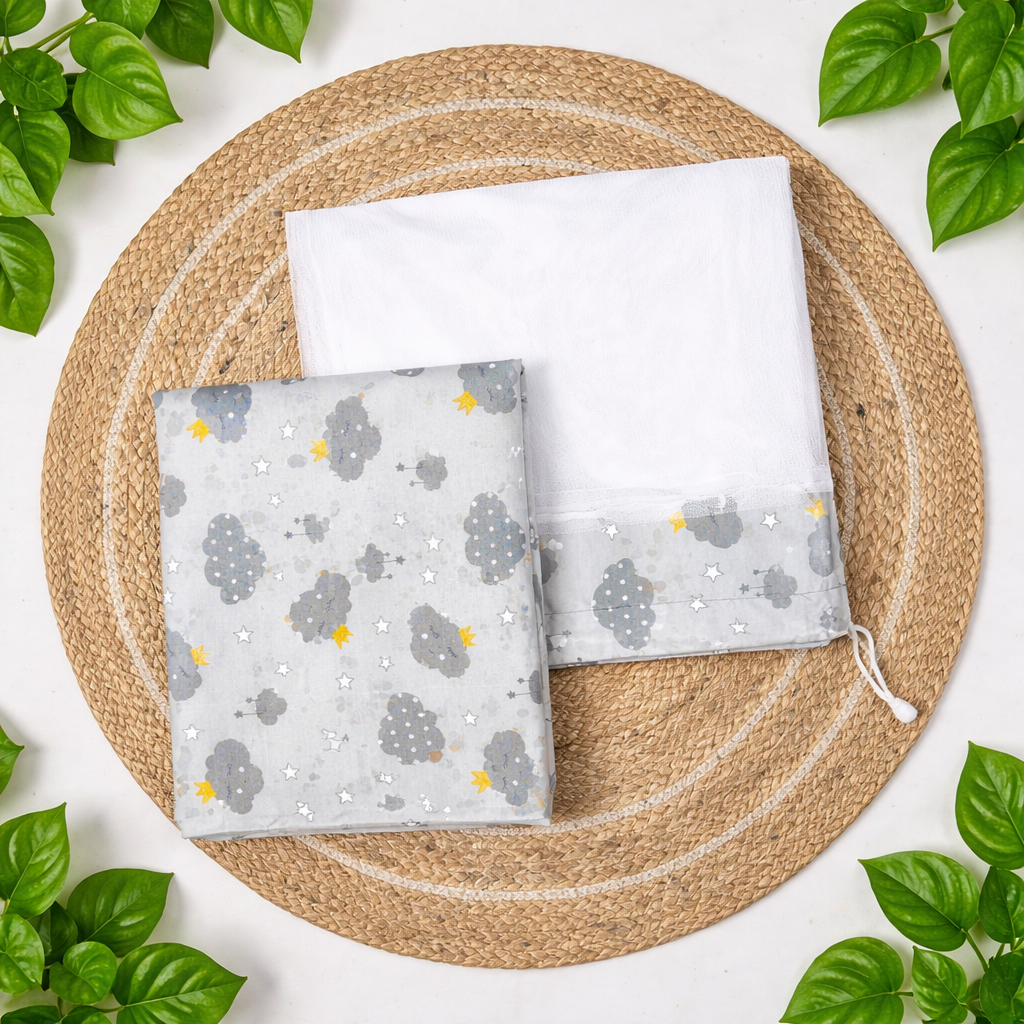 Cotton 3 Meter Baby Cradle Cloth with Side Head Cover & Matching Mosquito Net-Grey Sky code:NBE